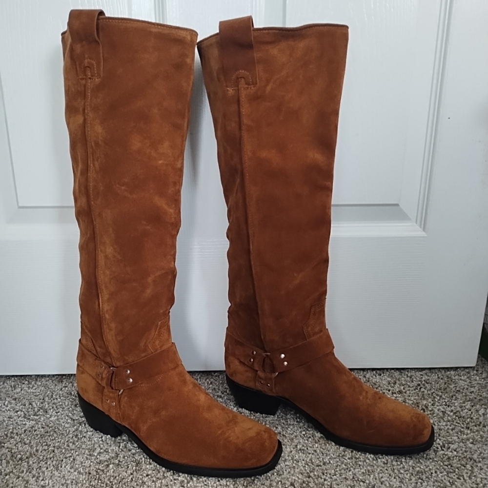 Free People Lockhart Harness Tall Boot Suede Slouchy Pull On Brown 39.5 US 9/9.5
